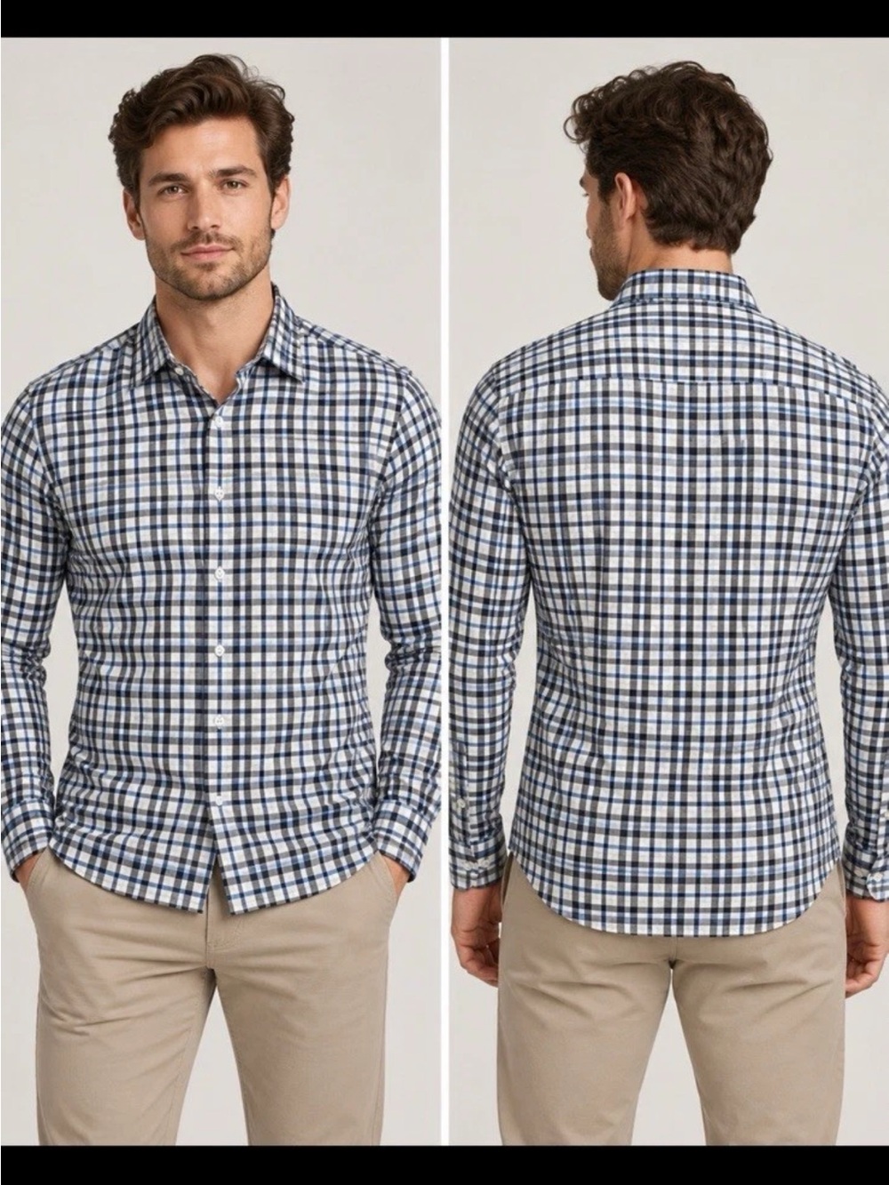Hugo Boss Navy and White Plaid Button-Down Shirt